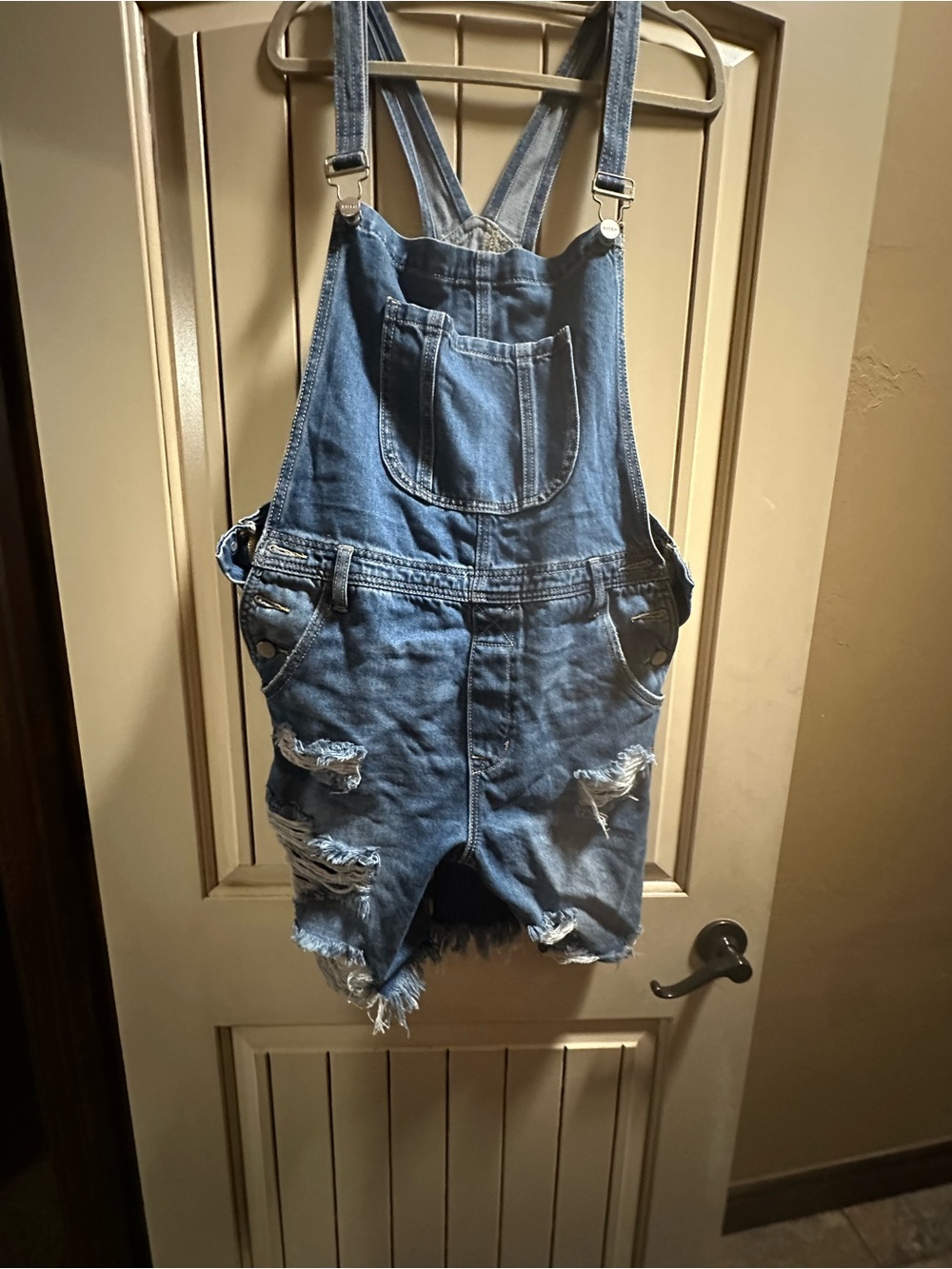 Women's Blue Distressed Denim Short Overalls